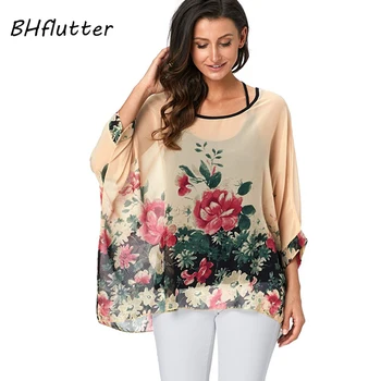 BHflutter 4XL 5XL 6XL Plus Size Bluse Shirt Kvinder Nye Stribet Print Sommeren Tops Tees Batwing Ærme Casual Chiffon Bluser 2019