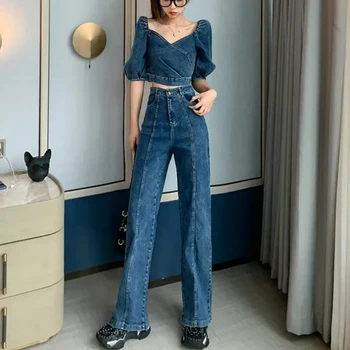 2 Stykke Kvinder Denim Sæt Afgrøde Top + Brede Ben Jeans Tøj