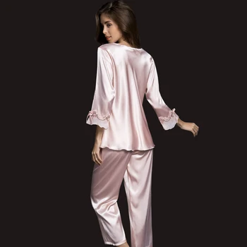 Pyjamas Silke Sovepose med Lange Ærmer Sove Toppe, Bukser Silke Nattøj Sæt Nattøj til Kvinder, To-delt Sæt Nattøj til Teen Piger