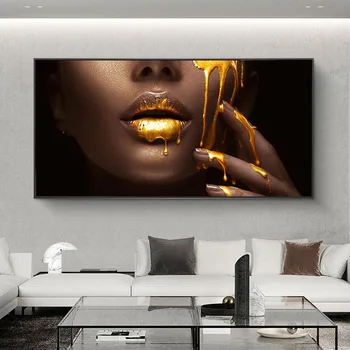 Golden Sexy Læber Lærred Malerier På Væggen Kunst Billedet Og Print Stor Afrikansk Kvinde Ansigt Lærred Kunst Plakater Til stuen
