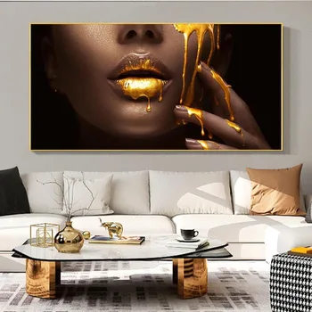 Golden Sexy Læber Lærred Malerier På Væggen Kunst Billedet Og Print Stor Afrikansk Kvinde Ansigt Lærred Kunst Plakater Til stuen