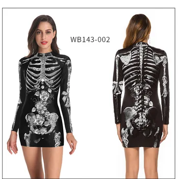 2020 Skelet Sygeplejerske Græskar Monster Spider Web Long Sleeve Dress Kvinder Halloween Kostume Til Cosplay Clubwear Bodycon