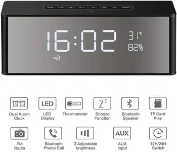 Den Trådløse Bluetooth-Højttaler, Vækkeur, Digital FM-Radio, 3,5 mm Aux Line-in TF Kort Spil, Termometer, Stort Spejl LED