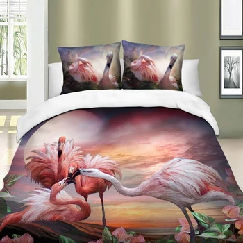 Flamingo Strøelse Sæt fugl Dynebetræk Med Pudebetræk Tvilling, Fuld Dronning King Size Sengetøj 3stk hjem tekstil