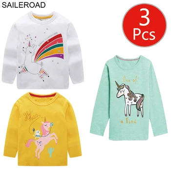 SAILEROAD 3stk Engros Børn Shirts Efteråret 2020 Piger langærmet t-shirts Unicorn Bomuld Kids Tyndt Overtøj Shirts