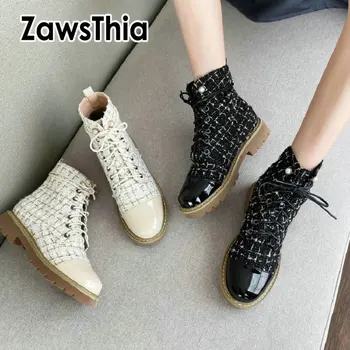 ZawsThia 2020 vinter efterår tweed plaid tjekket kvinde martin støvler med lace-up platform punk dame ankel støvler sko stor størrelse 10 43