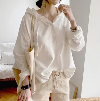 Koreansk Stil 2021 Foråret Langærmet Hvid Hoody Ladies Løs Japansk Streetwear Bomuld Hættetrøjer Kvinder