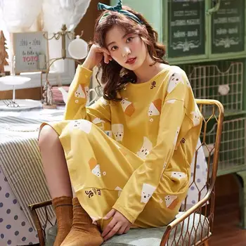 Nightgowns Kvinder med Lange Ærmer Foråret Mid-kalv 2XL koreansk-stil Daglige Løs Print Elegante Enkle Nattøj Søde Dame Nattøj Ny