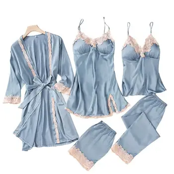 Sexet Pyjamas Søvn Sætter Foråret Robe Kimono Nattøj Dame 5pcs Strop Top Bukser Passer til Afslappede Hjem Bære Nattøj Badekar Kjole