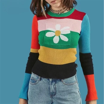 ArtSu 2020 Stribede Blomster Strikket Sweater Kvinder Efteråret Rainbow O Hals Elastisk Elastisk Trøjer, Toppe Flerfarvet Vinter SW52062