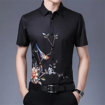 Blomst fugl mønster digital udskrivning streewear kortærmet skjorte Sommer Ny kvalitet blød hud-venlige isnende kold mænd shirt M-3XL