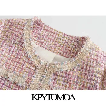 KPYTOMOA Kvinder 2020 Mode Patchwork Kontrolleret Tweed Jakke Vintage Pels Lange Ærmer Flossede Trim Kvindelige Overtøj Smarte Toppe