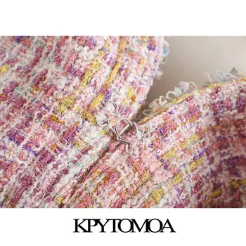 KPYTOMOA Kvinder 2020 Mode Patchwork Kontrolleret Tweed Jakke Vintage Pels Lange Ærmer Flossede Trim Kvindelige Overtøj Smarte Toppe
