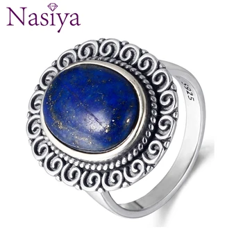 Nasiya Stor Trendy Oval Blå Lapis Forlovelsesringe For Kvinder Antikke 925 Sterling Sølv Smykker, Jubilæum, Bryllup Part Gave
