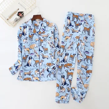 Kvinder Pyjamas Dog Print Børstet Bomuld, Pijama Sæt 2stk Lange Ærme Elastisk Talje Bukser Lounge Nattøj pyjamas Hjem Tøj