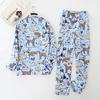 Kvinder Pyjamas Dog Print Børstet Bomuld, Pijama Sæt 2stk Lange Ærme Elastisk Talje Bukser Lounge Nattøj pyjamas Hjem Tøj