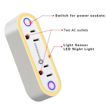 Smart WiFi Plug med Lys Sensor LED Nat Lys Energi-Overvågning Timer App stemmestyring Socket arbejde med Alexa, Google Startside