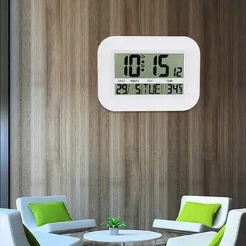 Digital Wall Clock-batteridrevet Enkel Stort LCD-Vækkeur Temperatur Dato i Kalenderen Dag til hjemmekontoret