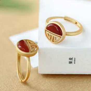 Sølv indlagt naturlige sydlige rød agat sikker spænde Kinesiske domstol stil mønster retro niche design åbning justerbar ring