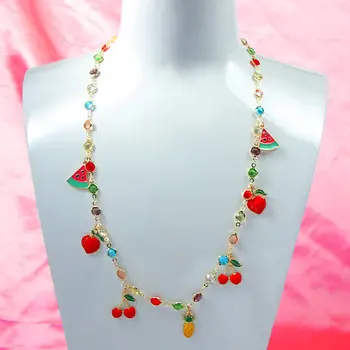 Flatfoosie Mode Multifarvet Krystal Perle Halskæde til Kvinder Sød Frugt, Kirsebær, Vandmelon Halskæde koreanske Smykker Gave