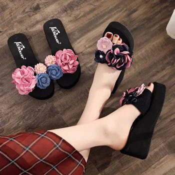 Kvinders Store Størrelse højhælede Ord Træk Kvindelige Slip Mode Beach Sandaler Sandaler og Tøfler DIY Blomster Enkle Sandaler