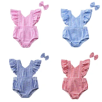 Sommer Piger, Som Rompers Nyfødte Baby Tøj Barn Flæser Ærme Solid Plaid Design Romper Jumpsuits Hovedbøjle One-Stykker