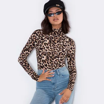 Kvinder Leopard Body Sexet Bodycon Tynde Krop, der Passer Rullekrave Lange Ærmer Serpentine Playsuit Trykt Romper Jumpsuits XA841H