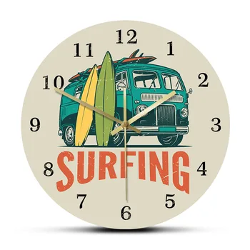 Surfing Tid Vintage Bil Kombi Camper Van Surfing Vægur Sommer Rejser Van Og Surfboard Moderne Surf Home Decor Stille Uret