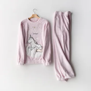 Vinteren 2019 Nye Flannel Unicorn langærmet Pyjamas Bukser for Kvinder Jul Pyjamas Voksen Tegneserie Nattøj Dame Tøj