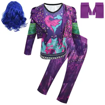 Piger Efterkommere 3 Mal Bertha Maleficent Længe Leve Ondt Lige Lilla børn Cosplay Paryk + Jumpsuits halloween kostume til Pige