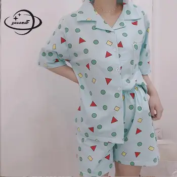Yauamdb Kvinder Pyjamas Sæt Sommer M-XL Kvindelige Nattøj Geometriske mønstre Shirt+Shorts 2stk Passer til Damer Homewear Tøj Ly40