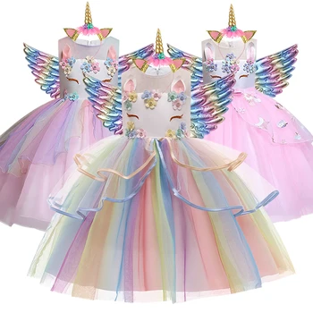 Ny Pige Rainbow Unicorn Dress Halloween Fest, Fødselsdag Tutu Kjole Festival Ydeevne Blomst Pige Bryllup Kjole Baby Tøj
