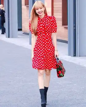 Kpop koreanere Kendte Bue-knude Rød retro temperament Kjole kvinder om sommeren streetwear moden, sød Korte ærmer mini dreeses
