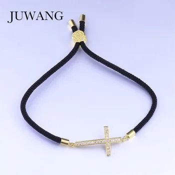 JUWANG Trendy Religiøse Jesus Kristne Kors Charm Rød/Grå/Sort Reb Armbånd til Kvinde, Pige Cubic Zircon Armbånd Smykker