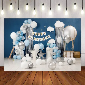 Mehofond Dreng 1st Birthday Party Fotografering Blå Ballon Cake Smash Baby Brusebad Barn Portræt Foto Baggrund Studio Photophone