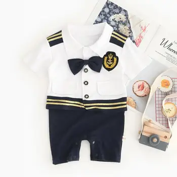 Små Drenge Tøj Hvid Mørk Blå Navy Kaptajn Kostume i Ét stykke Shortalls Front Åbnes Let-iført kortærmet Baby Rompers