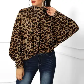 Elegante Kontor Damer Leopard Shirts Kvinder'Tunic Lange Ærmer Høj Hals Casual Toppe 2021 VONDA Plus Size Kvinder'Blouse Overdimensioneret