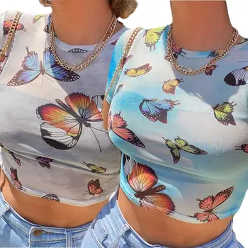 Kvinder kortærmet O-Neck Crop Top Farverige Sommerfugl Print Mesh Slim T-Shirt 875B