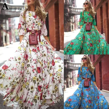 2020 Sommeren Lang Maxi Kjole Kvinders Plus størrelse 3xl Vintage Blomster Print Boho Sundress Afslappet Part Vestido Femme Chiffon Kjoler