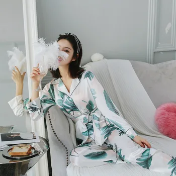 2019 nye langærmet revers home service suit female is silke print pyjamas hjem koreanske version