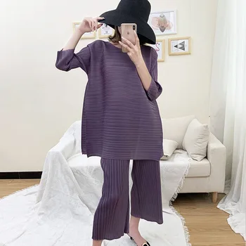 LANMREM kausale to stykker sæt til kvinder foråret Nye Mode plisserede tøj Temperament Solid Farve Toppe + Wide-ben Bukser PB306