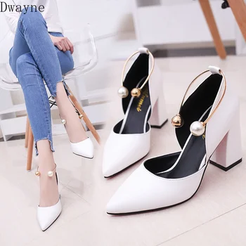 Temperament elegant perle høje hæle 2019 nye hvide tyk med en enkelt sko midterste hul fashion simpel damesko arbejde sko