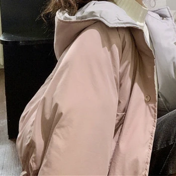 Parkacoats Kvinder Bomuld Vinter Tyk koreanske Sød Mode Piger Outwear Pink Hat Enkelt Breasted Solid Enkel Alle-match Overdele