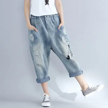 2019 Sommeren Nye Rippet Boyfriend Jeans For Kvinder Mode Løs Vintage Høj Talje Elastisk Denim Jean Damer Harem Bukser R883