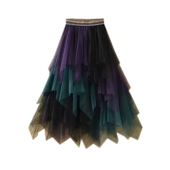 Mid-længde uregelmæssige efterår og vinter farve kontrast høj talje nederdel med alle former for tynd shaggy mesh nederdel for kvinder