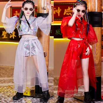 Fashion Børnene Fase Sølv røde Kostume til Børn Viser, Tøj, Hip Hop Girl ' S Jazz Performance Tøj Model T-Stadium Tøj