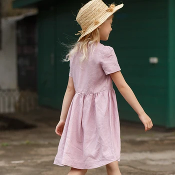 Piger dress sommeren nye koreanske børn, der er rund hals bomuld og hør, kort ærme, sød prinsesse kjole TZ05