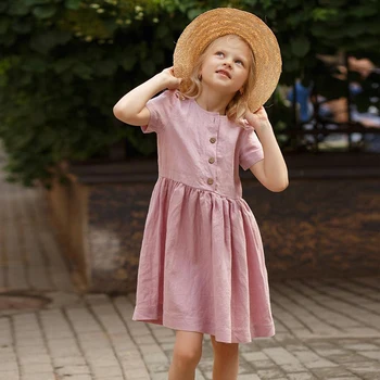 Piger dress sommeren nye koreanske børn, der er rund hals bomuld og hør, kort ærme, sød prinsesse kjole TZ05