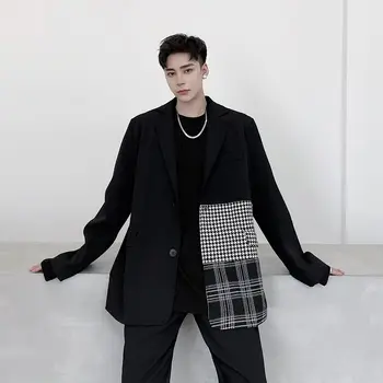 IEFB /herretøj koreansk stil Plaid print patchwork kontrast farve design løs dragt, frakke løs stor størrelse black blazere 9Y4099