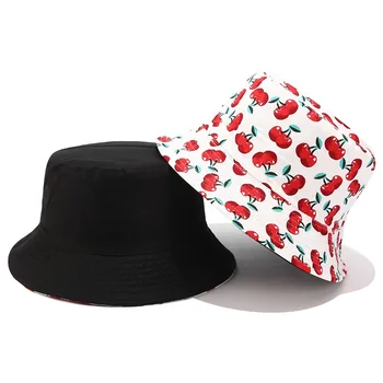 Nye Sommer Cherry Dobbeltsidet Bomuld Bucket Hat Mænd Kvinder Offentlig Panama Mode Reversible Sammenklappelig Bob Rejse Hat Fiskeri Hat